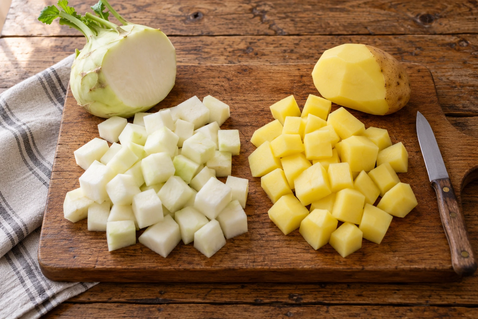 Geschälte Kartoffeln und Kohlrabi in ähnlich großen Würfeln auf einem Brett