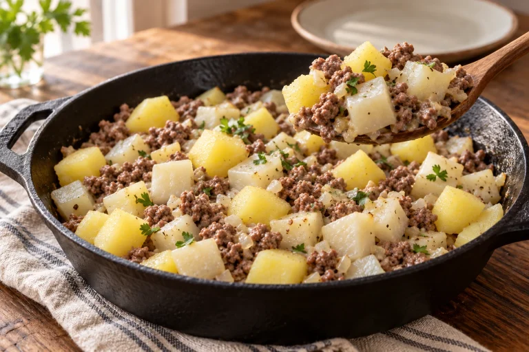 Cremige Kohlrabi-Hack-Pfanne mit Kartoffelwürfeln und Petersilie