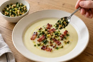 Ein Löffel gibt gehackte Walnuss-Gremolata auf Kohlrabisuppe mit gebratenen Speckstreifen