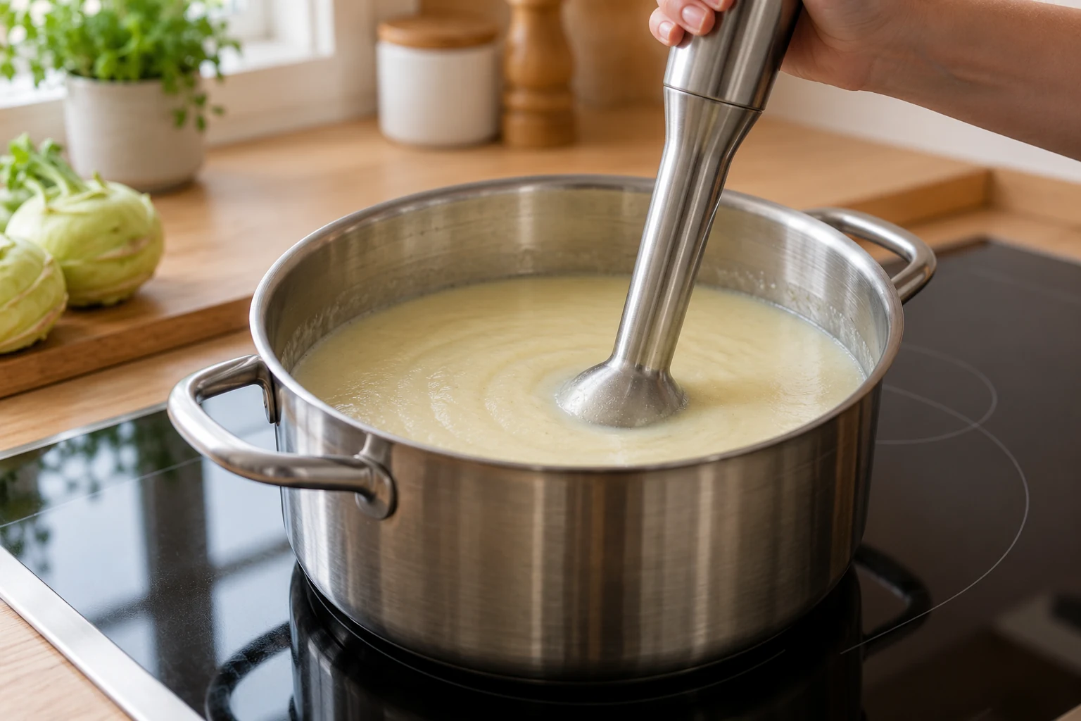 Pürierstab in einem Edelstahltopf mit heller Kohlrabisuppe