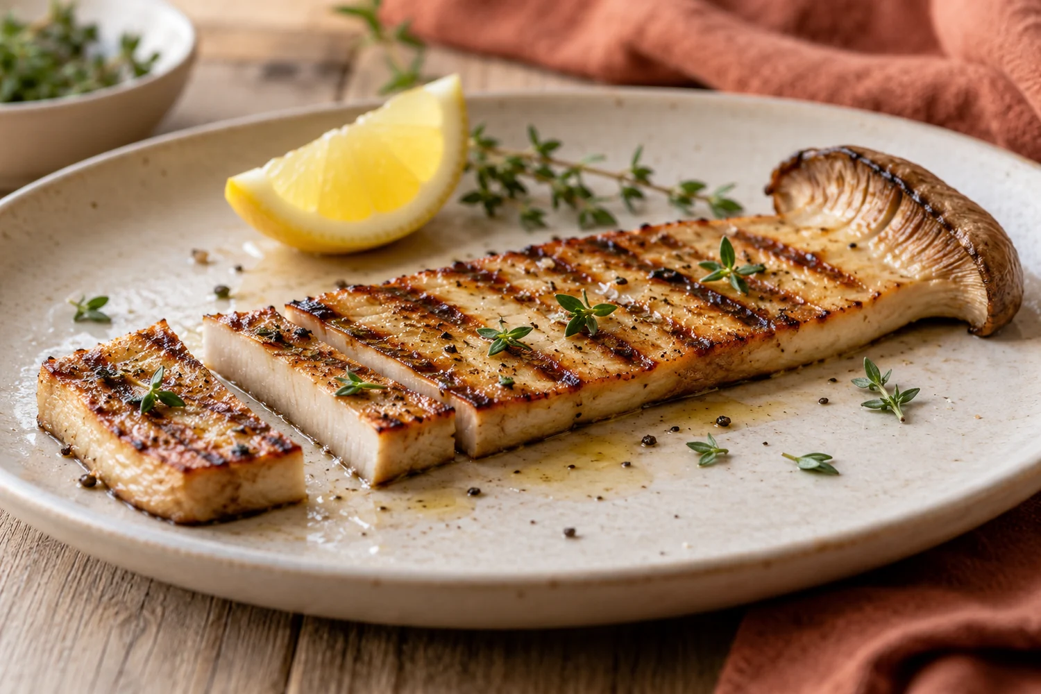 Angeschnittene gegrillte Kräuterseitlingscheibe mit saftigem hellem Inneren und goldbrauner Oberfläche
