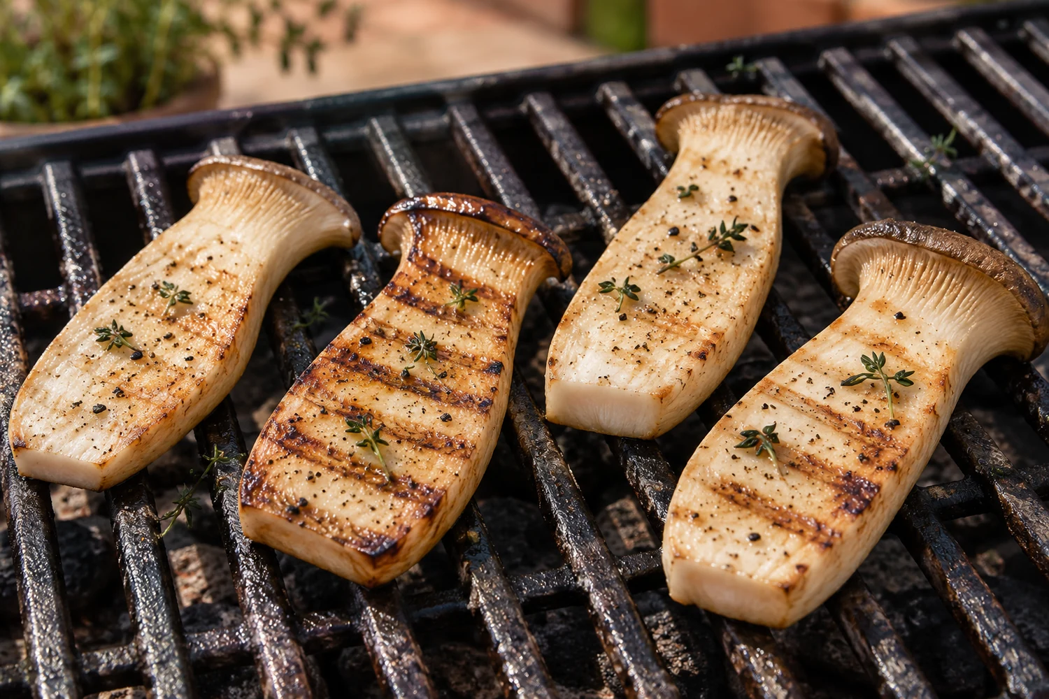 Vier längliche Kräuterseitlingscheiben mit Abstand auf dem Grillrost und ersten braunen Grillstreifen