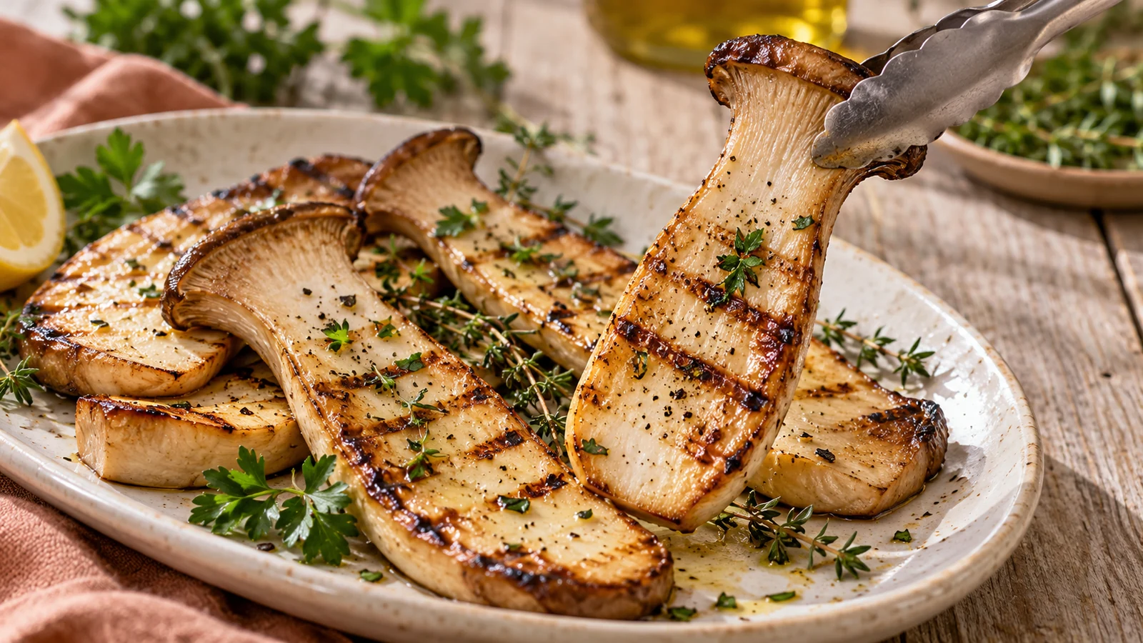 Gegrillte Kräuterseitlinge mit dunklen Grillstreifen und Kräutern, eine Scheibe wird mit der Zange angehoben