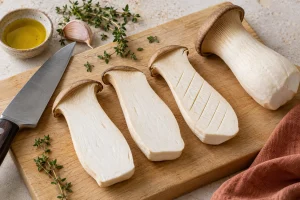 Längs geschnittene Kräuterseitlinge auf einem Holzbrett, eine Scheibe ist flach kreuzweise eingeritzt