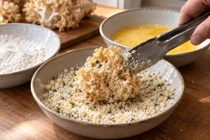 Ein kleines Büschel Krause Glucke wird in Panko-Parmesan-Bröseln paniert