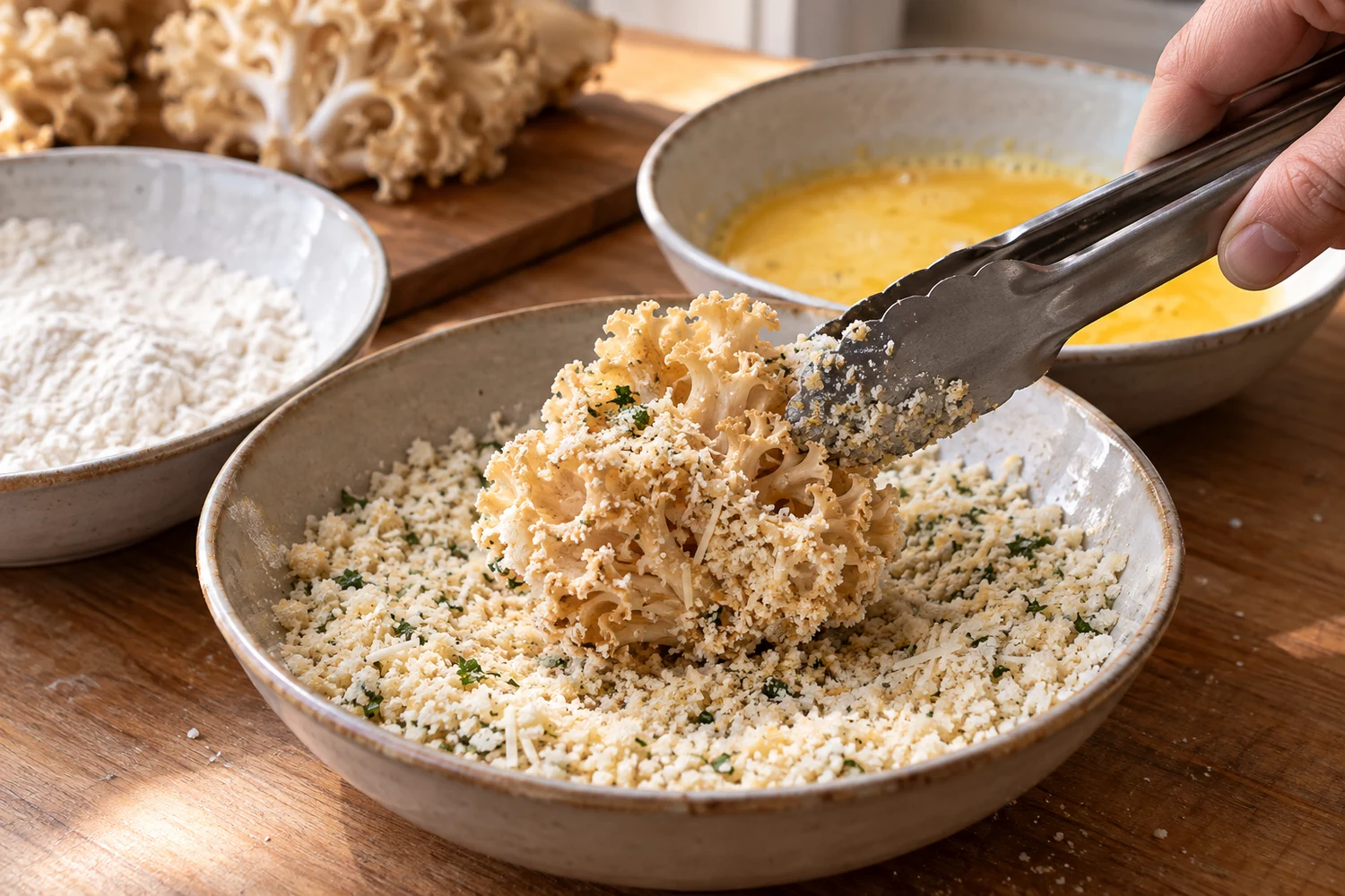 Ein kleines Büschel Krause Glucke wird in Panko-Parmesan-Bröseln paniert