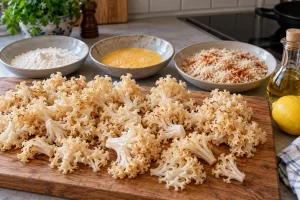 Geputzte Krause Glucke mit Mehl, Ei, Panko und Parmesan für die Panade