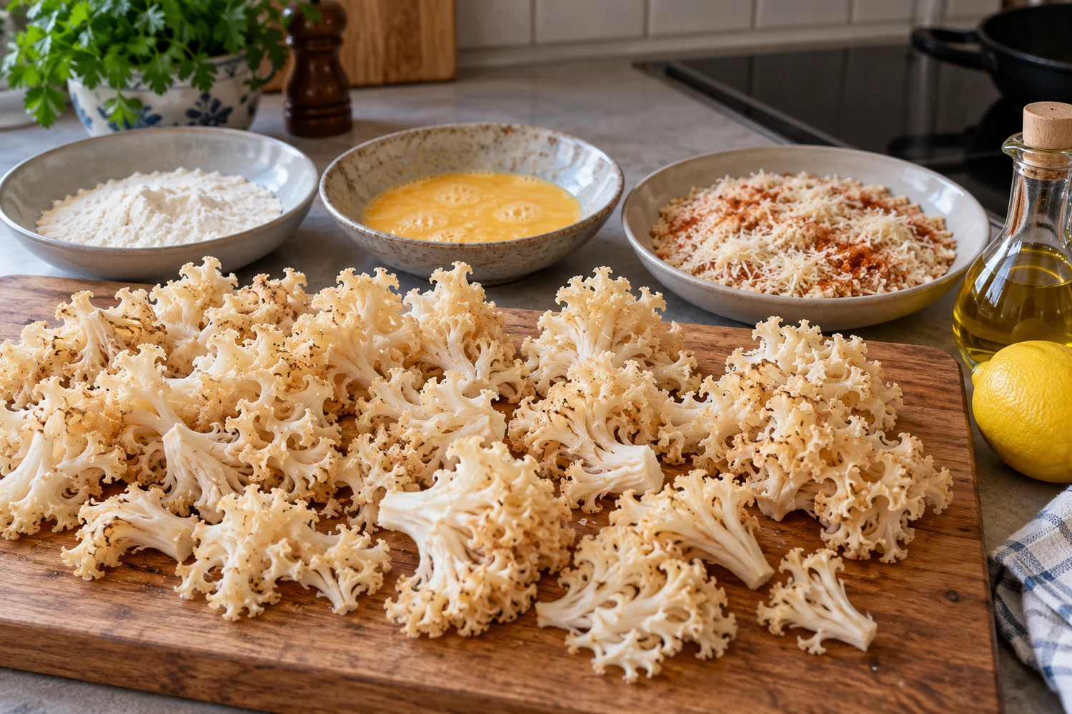Geputzte Krause Glucke mit Mehl, Ei, Panko und Parmesan für die Panade