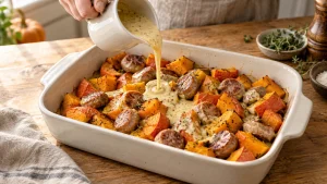 Senf-Sahne wird über vorgerösteten Kürbis und gebräunte Bratwurstscheiben gegossen