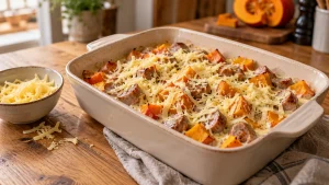 Geriebener Gouda liegt vor dem Überbacken auf Kürbis und Bratwurstscheiben