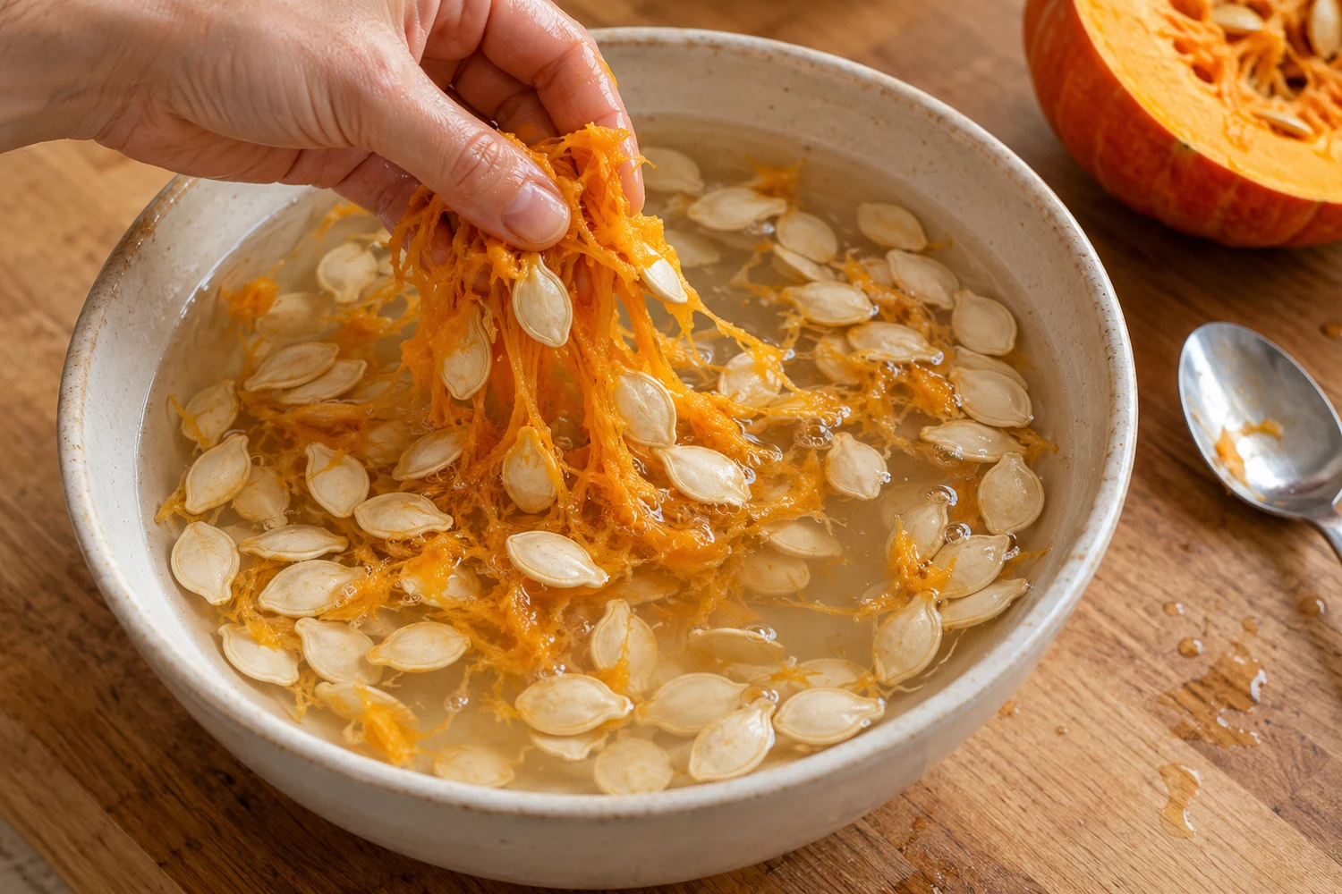 Eine Hand löst orange Fruchtfasern von hellen Kürbiskernen in einer Schüssel Wasser