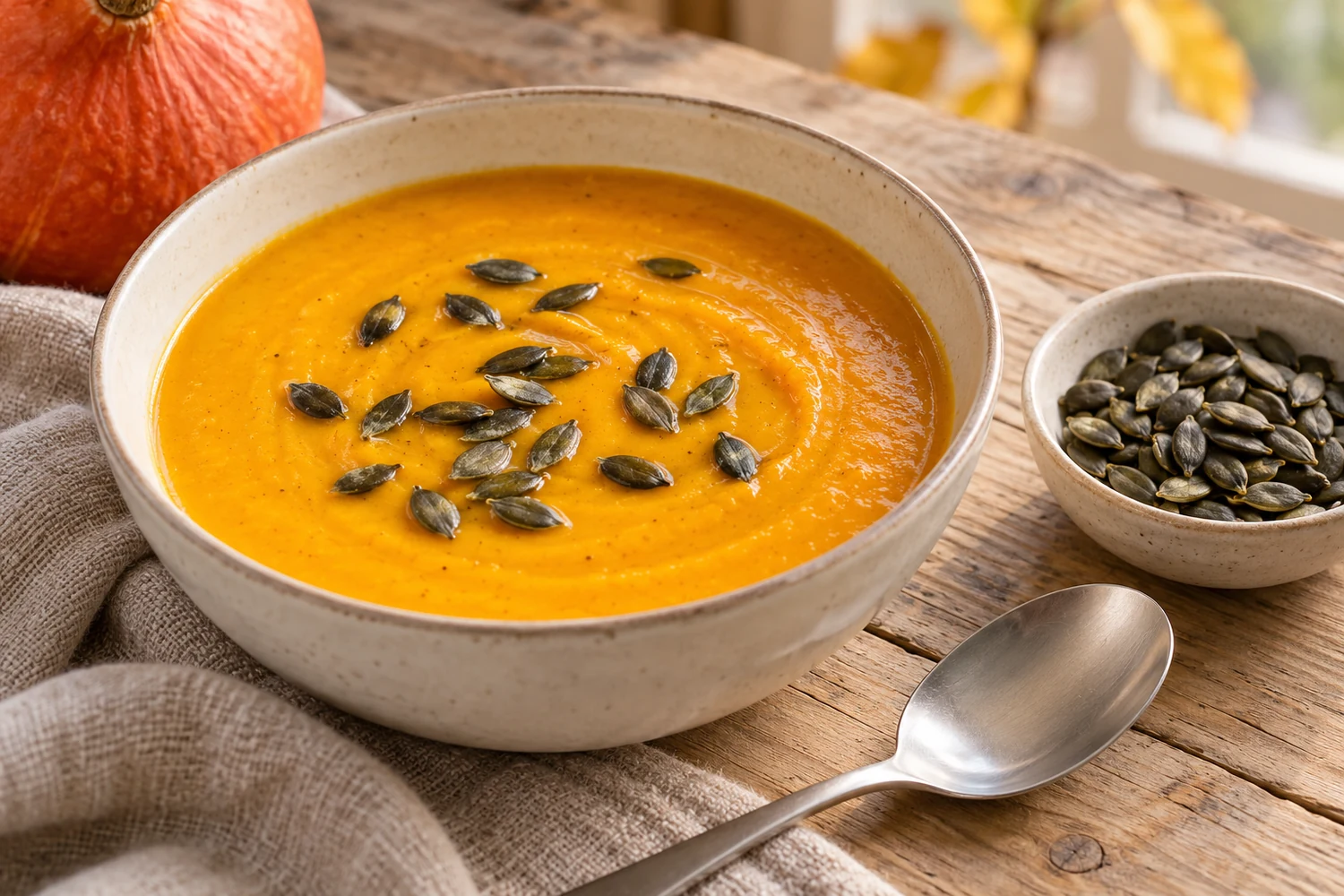 Orange Kürbissuppe mit grünen Kürbiskernen neben einem kleinen Schälchen Kerne