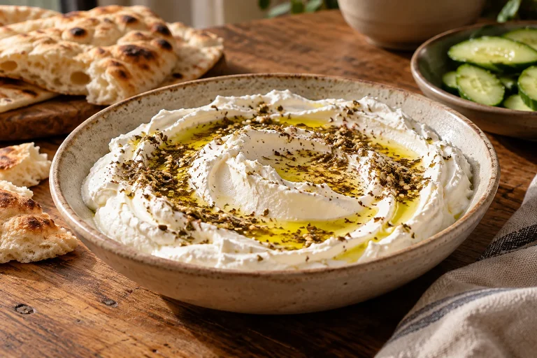 Cremige Labneh mit Olivenöl und Za’atar in einer flachen Keramikschale