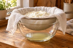 Naturjoghurt im ausgelegten Sieb mit Abstand zur aufgefangenen Molke