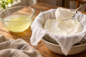 Standfeste Labneh nach dem Abtropfen im geöffneten Tuch