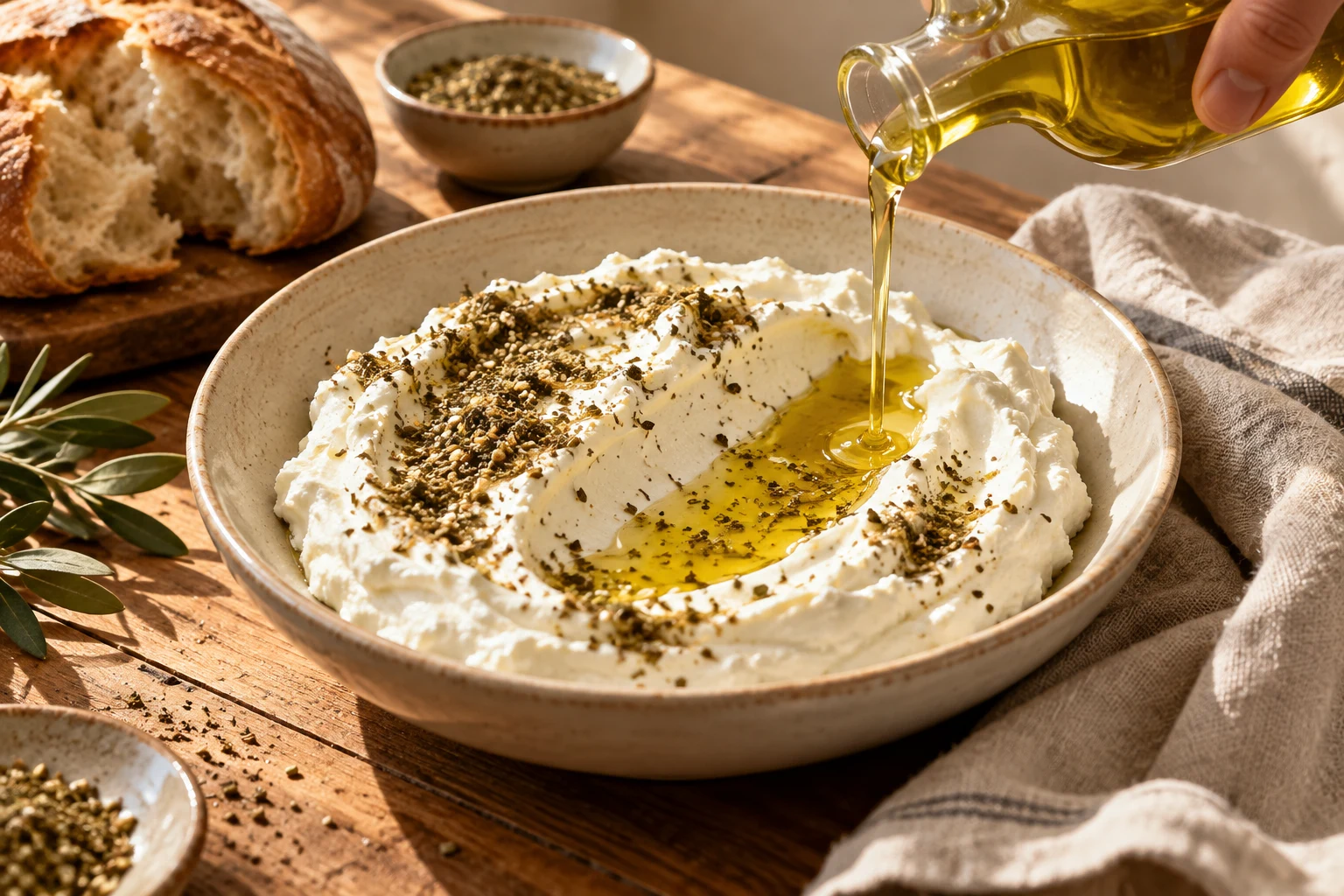 Olivenöl wird in eine Mulde der Labneh gegossen