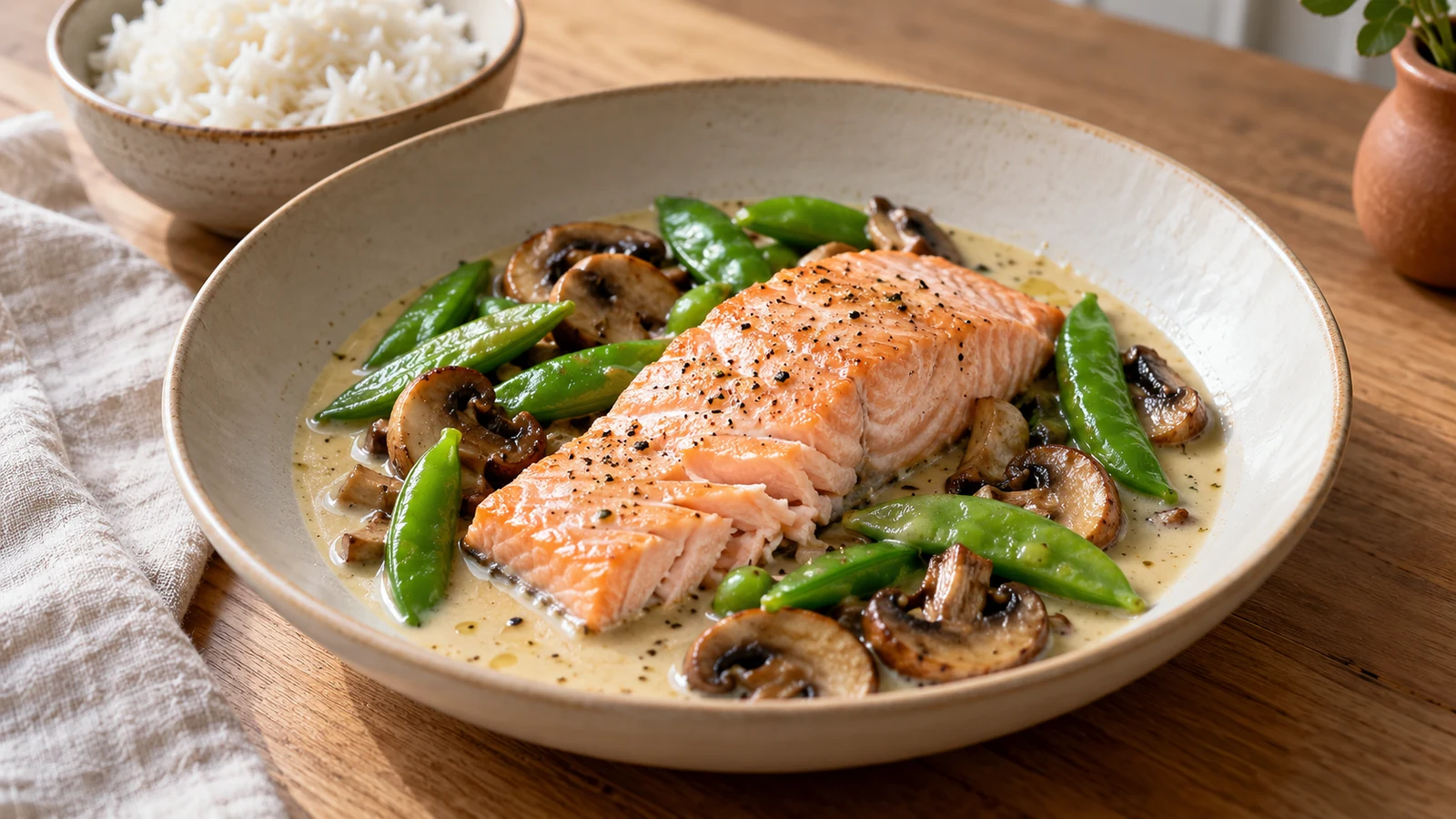 Gegarter Lachs mit Champignons und Zuckerschoten in hellem Kokos-Zitronengras-Fond, dazu Reis