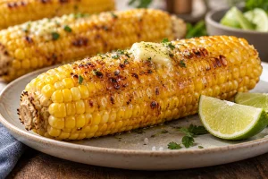 Gegrillter Maiskolben mit saftigen Körnern, braunen Röststellen, Butter und Limette