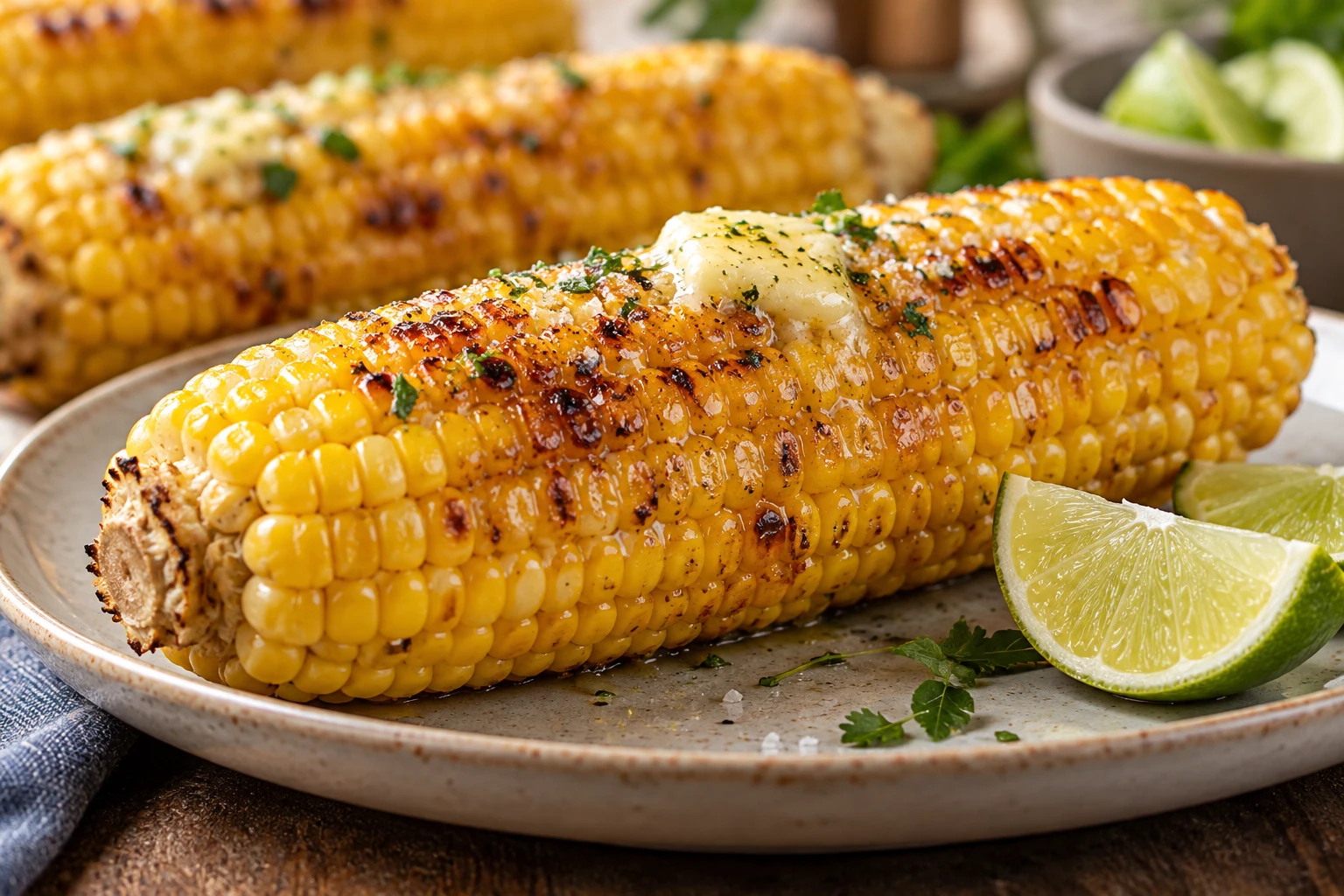 Gegrillter Maiskolben mit saftigen Körnern, braunen Röststellen, Butter und Limette