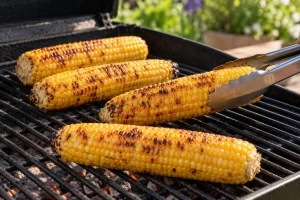 Maiskolben auf dem Grillrost, einer wird mit einer Zange gewendet