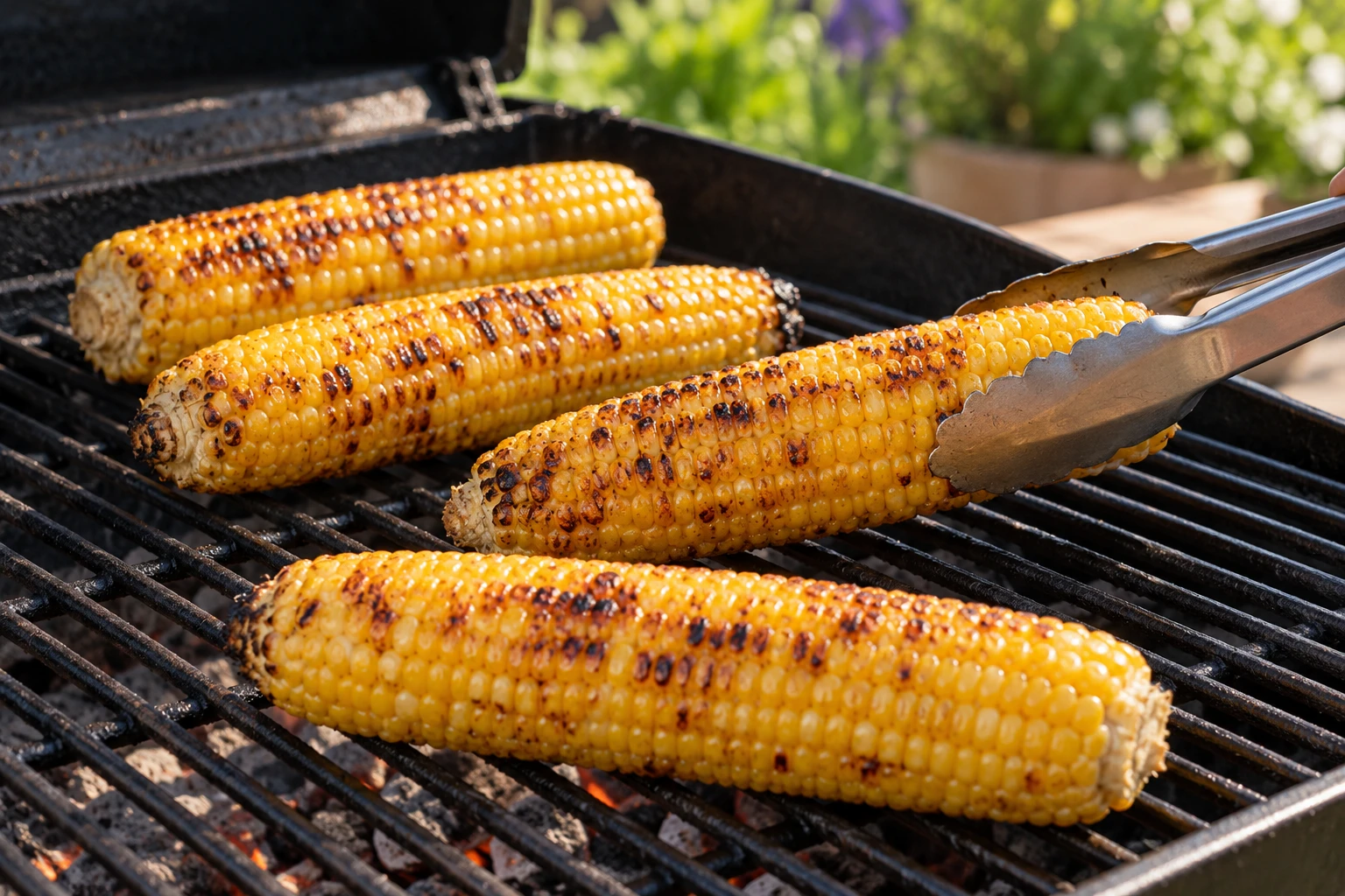 Maiskolben auf dem Grillrost, einer wird mit einer Zange gewendet