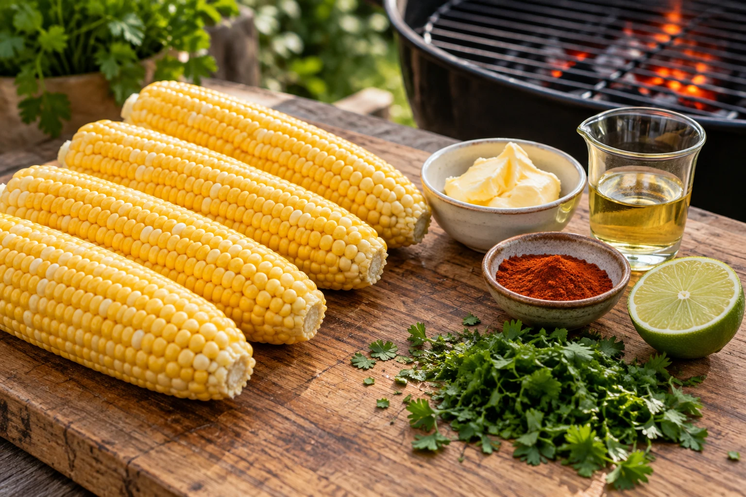 Frische geschälte Maiskolben mit Butter, Öl, Paprika, Limette und Kräutern neben dem Grill