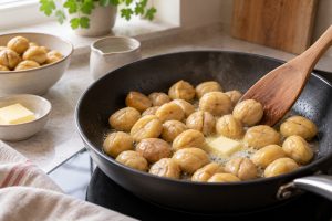 Maronen werden mit Butter und wenig Wasser in der Pfanne erwärmt
