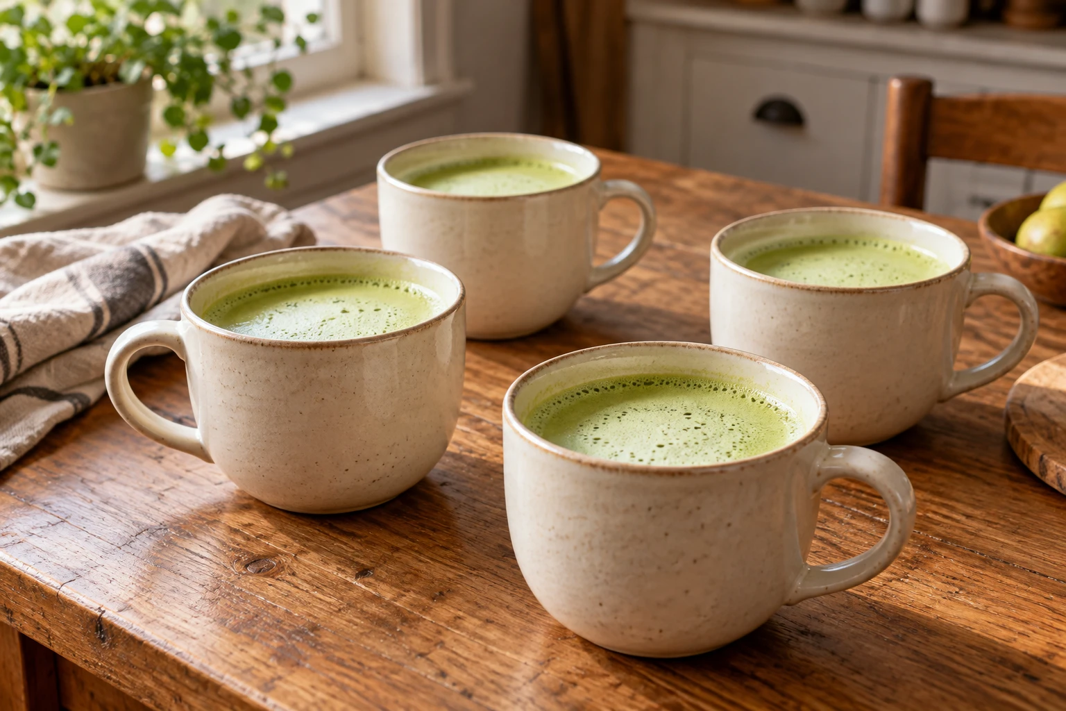 Vier Becher cremiger warmer Matcha Latte auf einem Holztisch