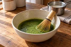 Grüner Matcha wird in einer Schüssel glatt aufgeschlagen