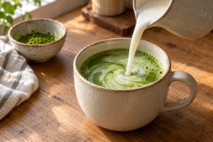 Warme Milch fließt in einen Becher mit Matcha
