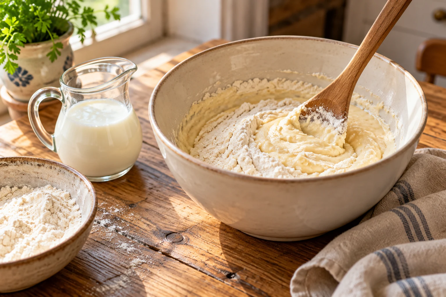 Mehl wird in hellen Teig eingearbeitet, daneben steht Buttermilch