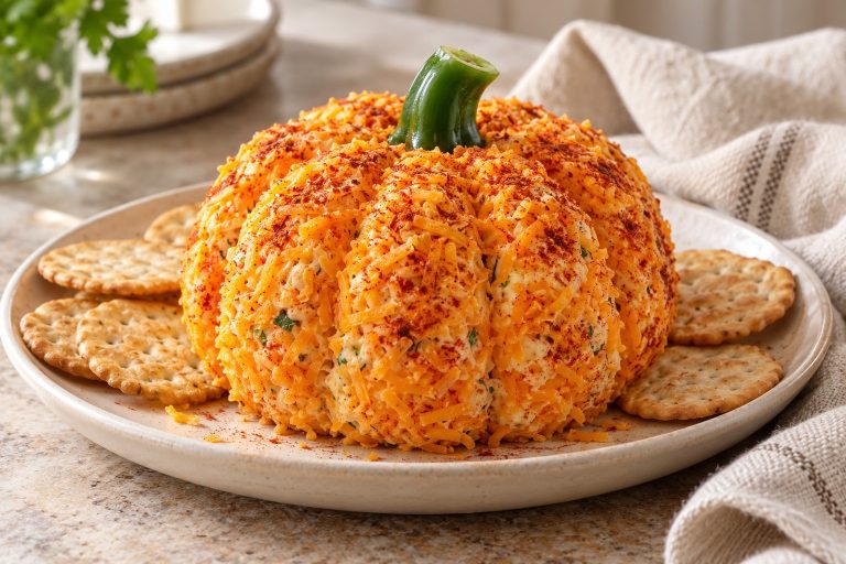 Frischkäse-Kürbis mit orangefarbener Cheddarhülle und Crackern