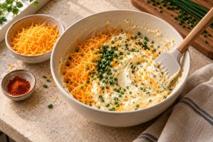 Frischkäse, Cheddar und Schnittlauch werden zur Käsemasse verrührt