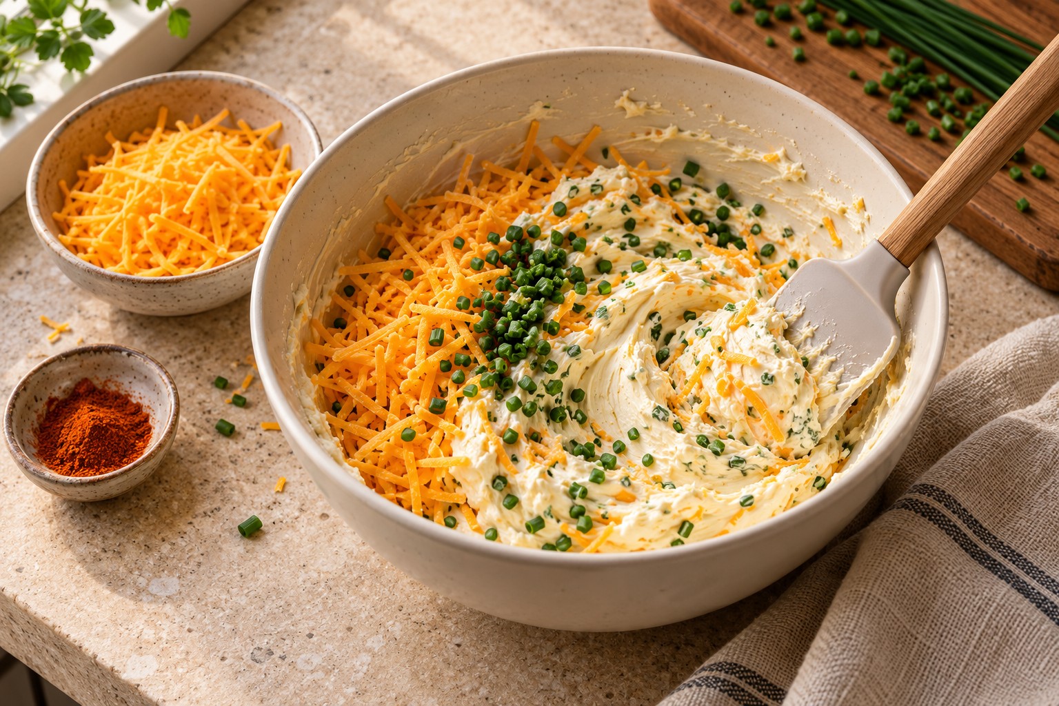 Frischkäse, Butter, Cheddar und Schnittlauch werden in einer Schüssel vermengt