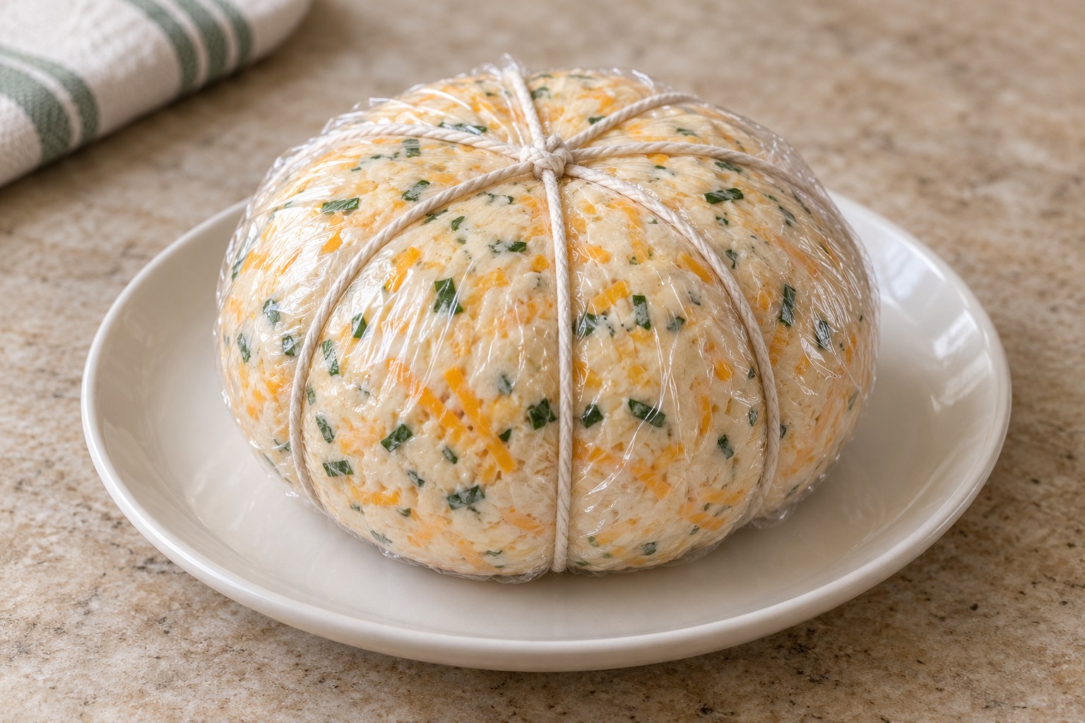 In Folie verpackte Käsekugel wird mit Küchengarn in Kürbisform gebracht
