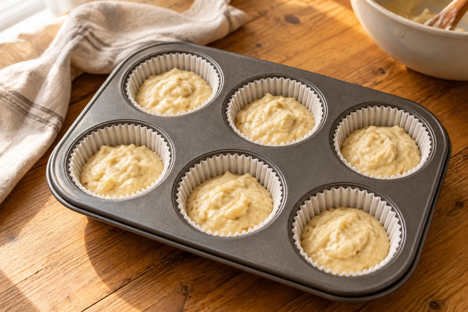 Sechs Papierförmchen mit rohem Muffinteig im Backblech