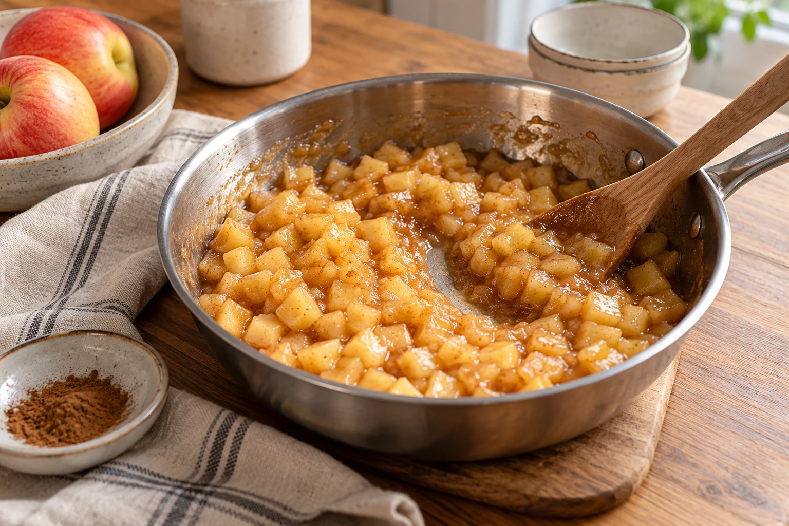 Klein gewürfelte Äpfel mit Zimt werden zu einer dicklichen Füllung gekocht