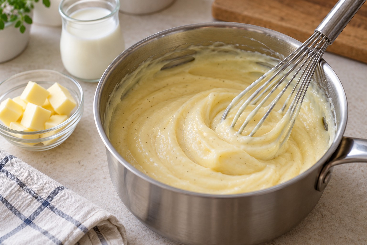 Dick gekochte helle Vanillecreme in einem Topf mit Schneebesen