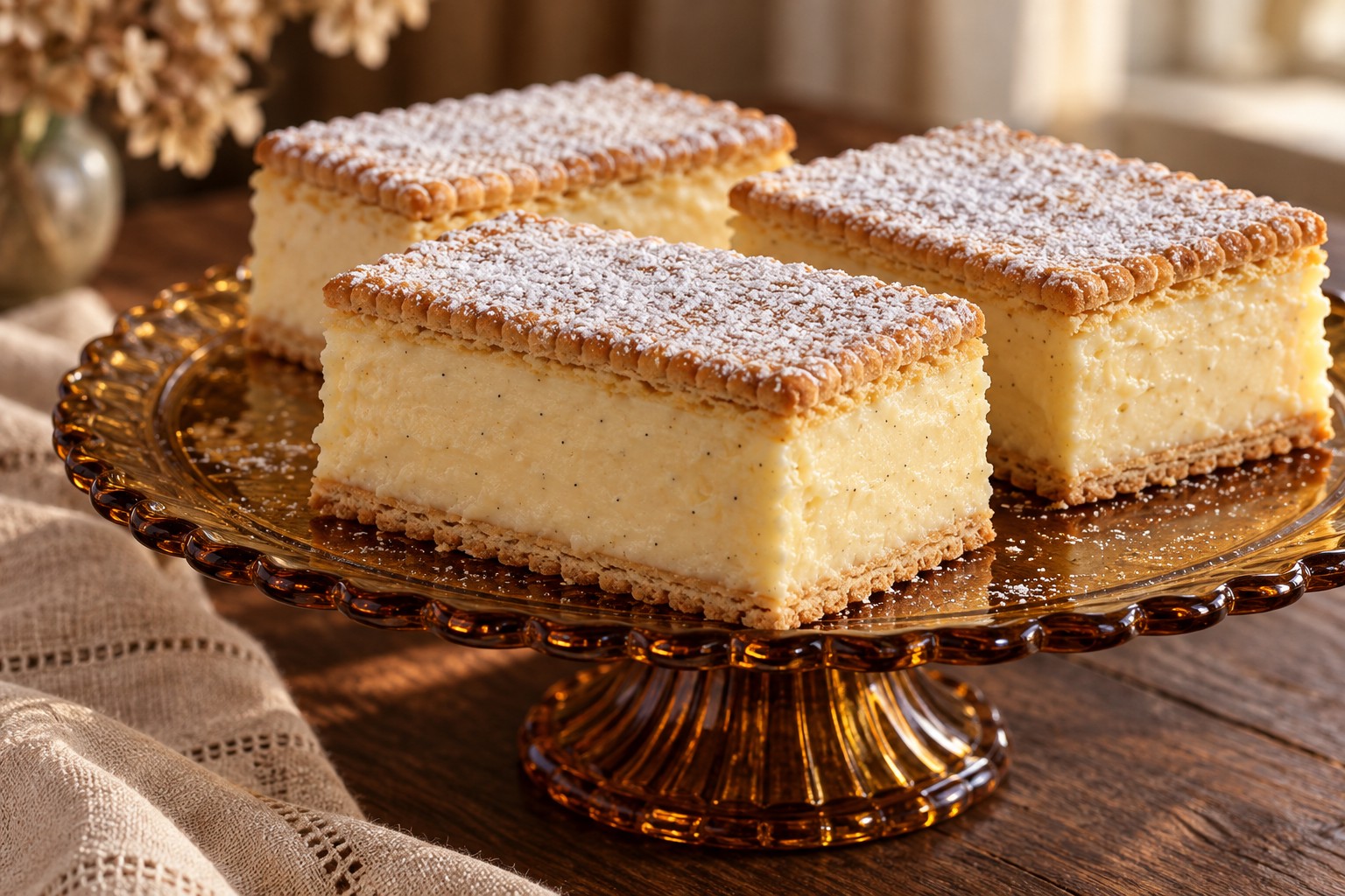 Napoleonka-Stücke mit dicker Vanillecreme zwischen zwei Butterkeksschichten auf einer bernsteinfarbenen Glasplatte