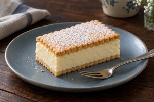 Ein gekühltes Stück Napoleonka mit Butterkeksboden, heller Creme und Puderzucker auf einem blauen Teller