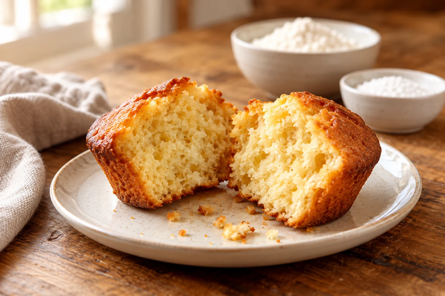 Aufgebrochener goldener Muffin mit lockerer Krume und zwei Schälchen weißem Pulver