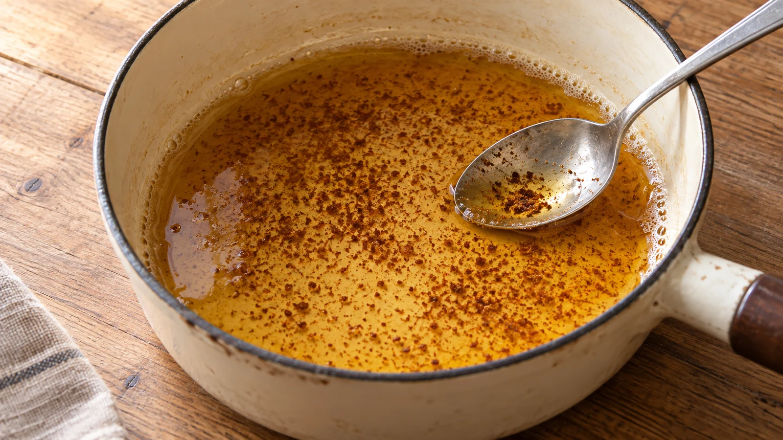 Goldene Nussbutter mit feinen braunen Milchbestandteilen in einem hellen Emailletopf.