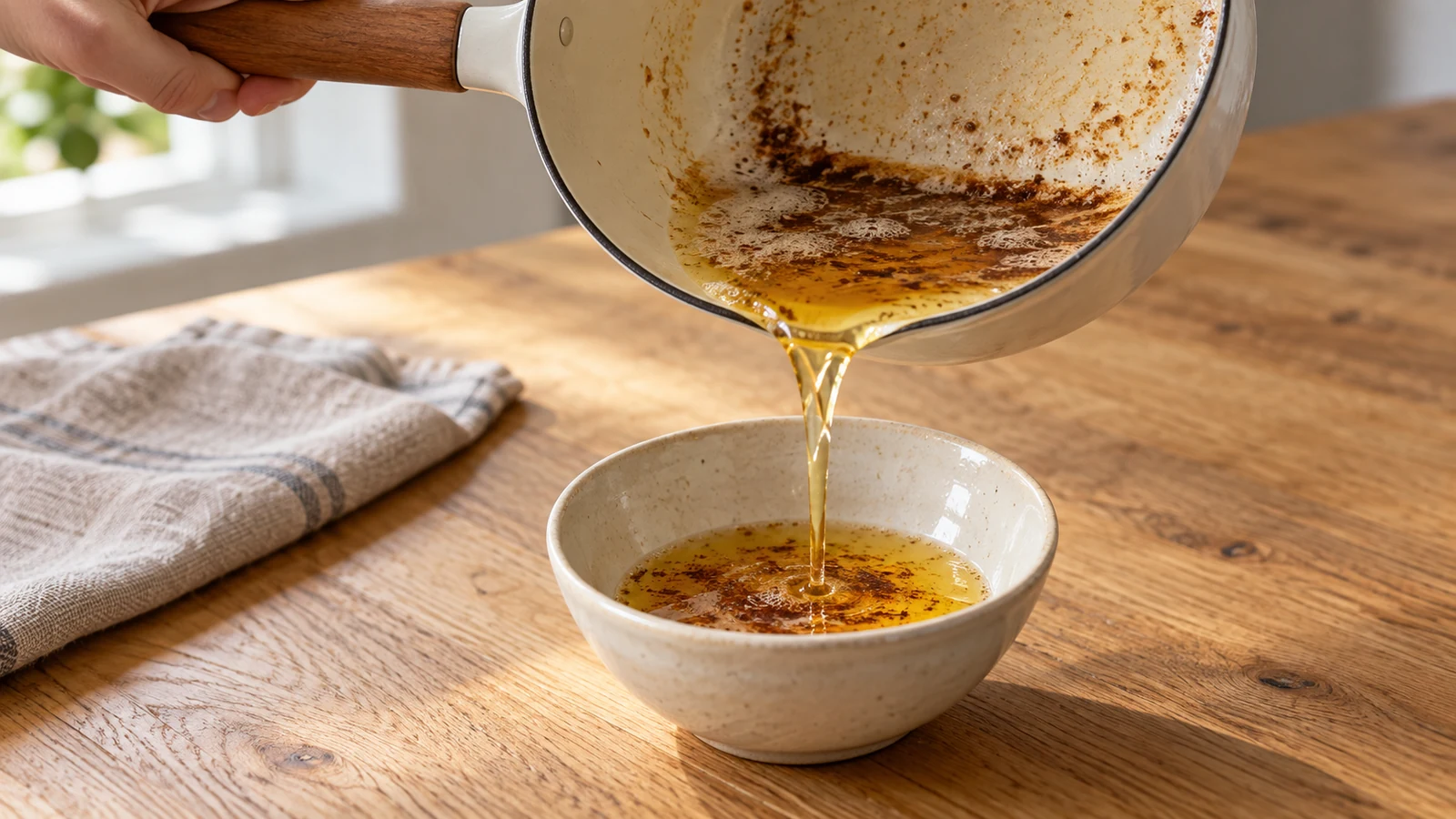 Braune Butter wird aus einem hellen Topf in eine separate Keramikschale gegossen.