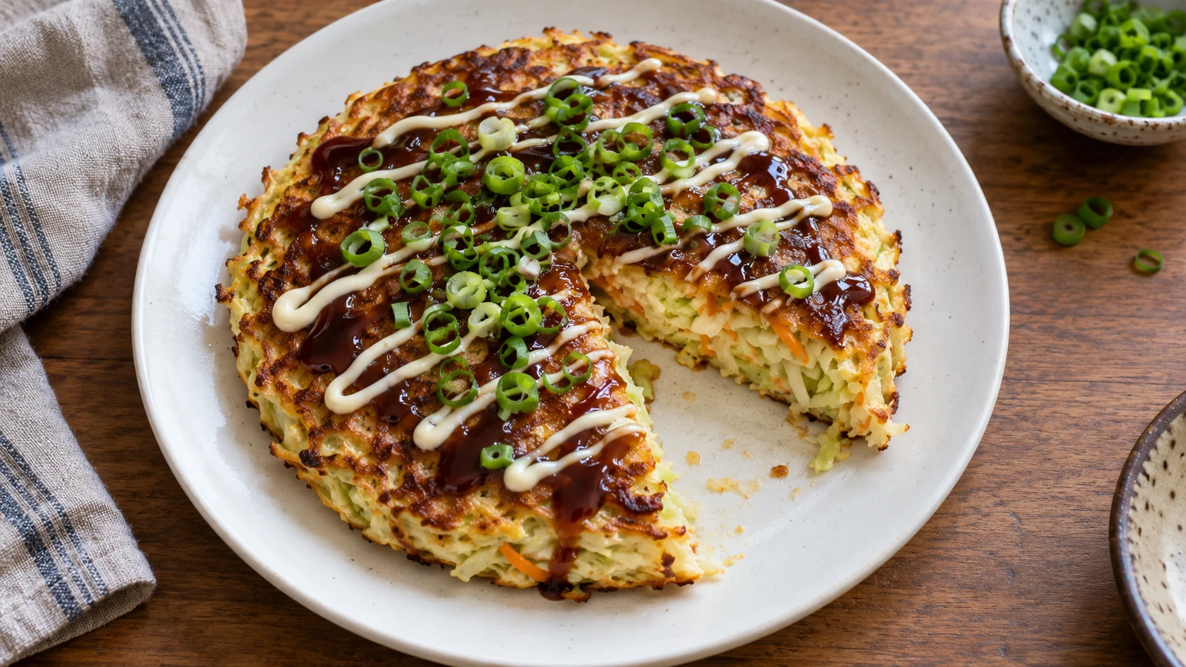 Ein Okonomiyaki mit feinen Saucenlinien und einem herausgeschnittenen Stück