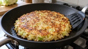 Ein goldbrauner Kohlpfannkuchen liegt nach dem Wenden in einer beschichteten Pfanne