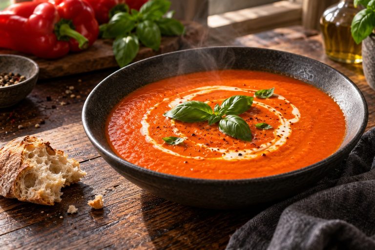 Cremige orange-rote Paprikasuppe in einer dunklen Schale mit Sahne und Basilikum