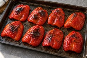 Geröstete rote Paprikahälften mit dunklen Hautblasen auf einem Backblech