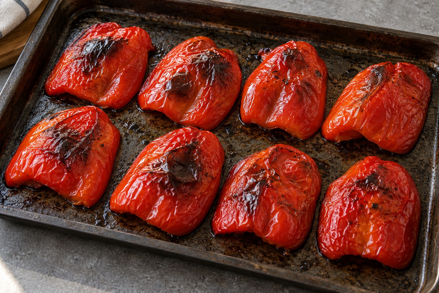Geröstete rote Paprikahälften mit dunklen Hautblasen auf einem Backblech