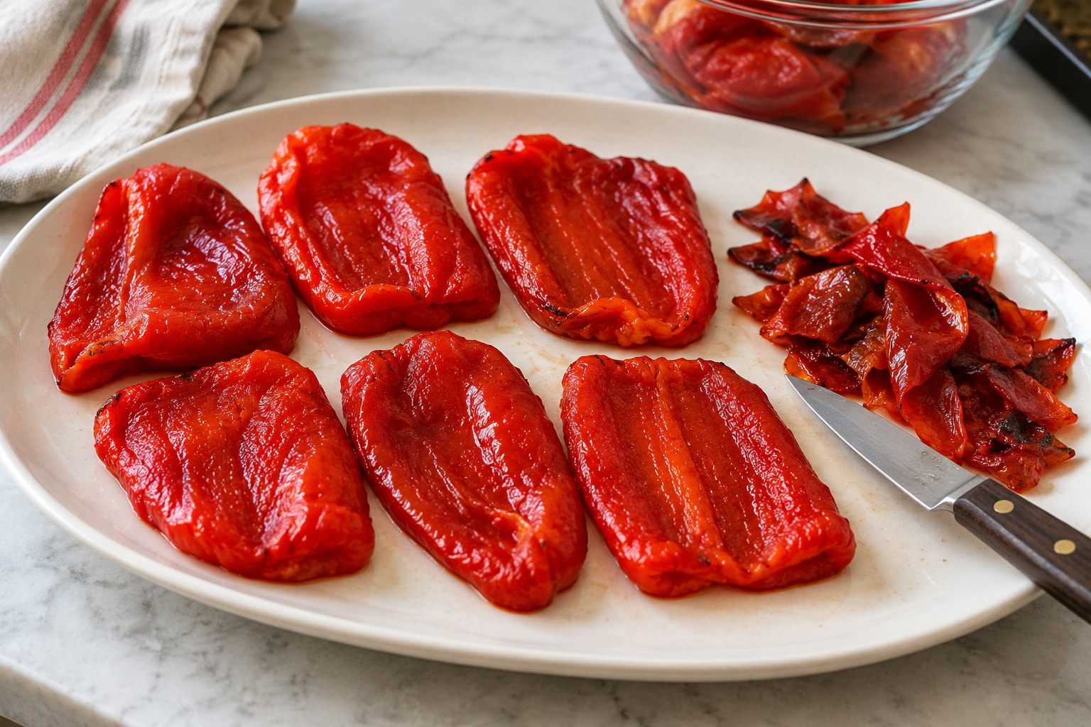 Geschälte geröstete Paprika neben abgezogener Haut auf einer Küchenplatte