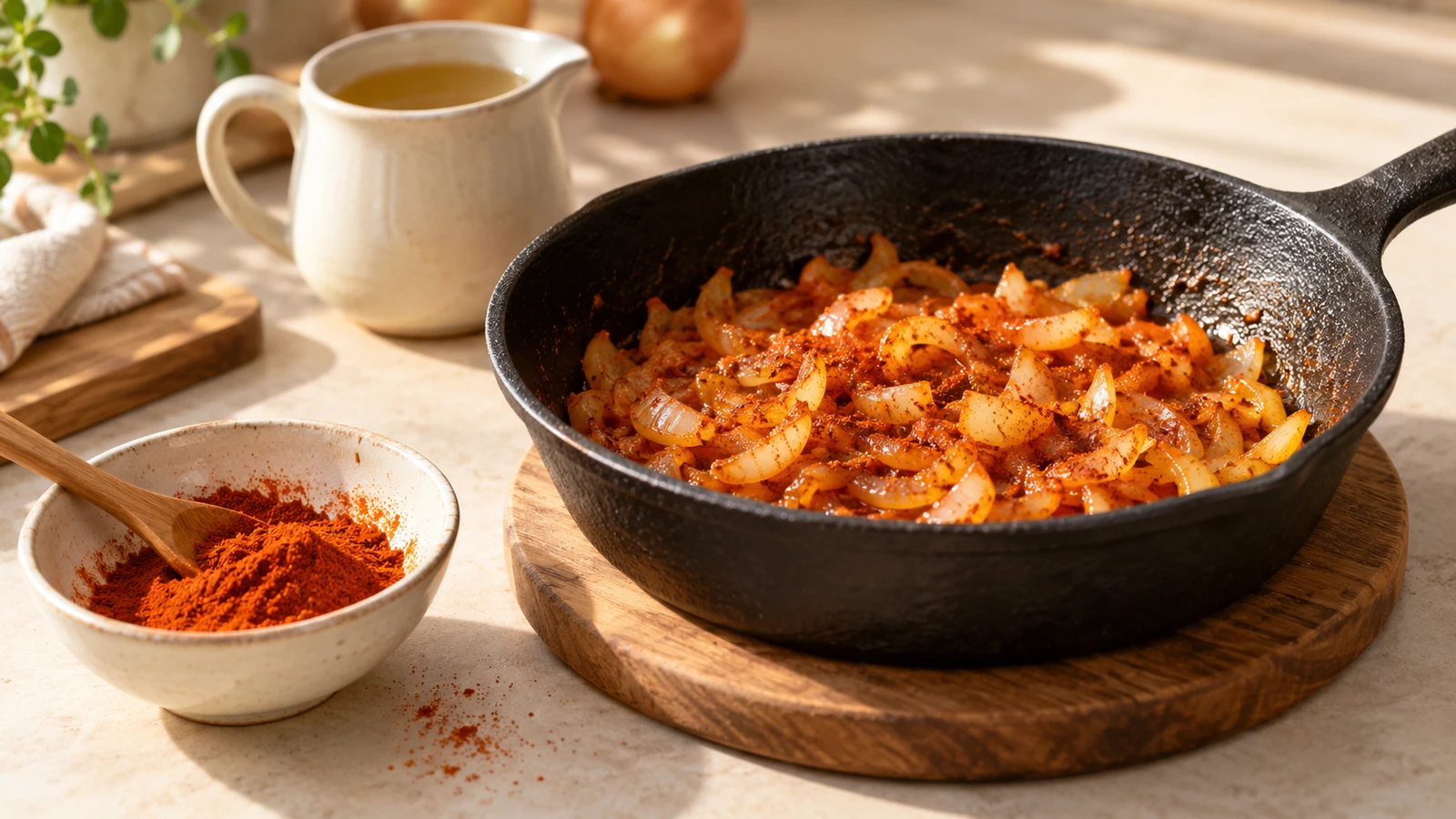 Pfanne mit Zwiebeln und Paprikapulver auf einem Holzuntersetzer neben Gewürzschale und Brühe